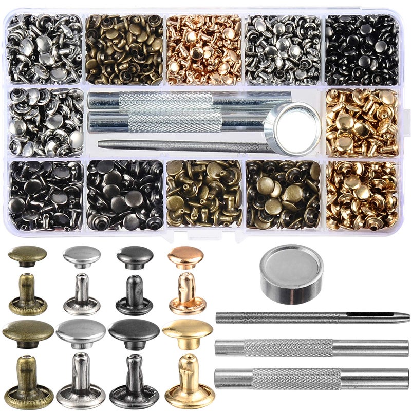 YORANYO 640 Sets Mixed Color Leather Rivets Kit Mixed Size Double Cap Rivets Garment Rivets with Rivet Press Setter Tool for Leather Craft Clothing Shoes Belts Bags Rivets 4 Color 2 Sizes - Image 1